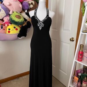 MORGAN & CO BLACK BEADED HALTER PROM DRESS